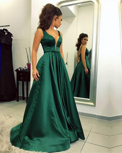 Emerald Green Satin V-neck Prom Dresses Long Backless Evening Gowns
