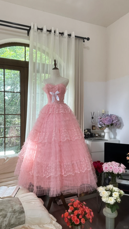 Pink sweet fashion elegant exquisite lace bow long tulle lace princess ball gown evening dress birthday dress adult ceremony dress gh4033