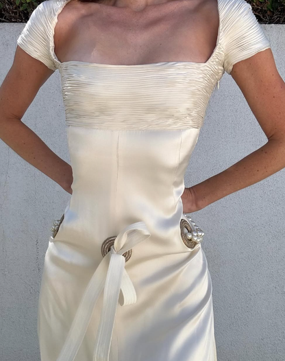 Ivory A Line Square Neck Pearl Satin Short Homecoming Dress with Slit SH2511