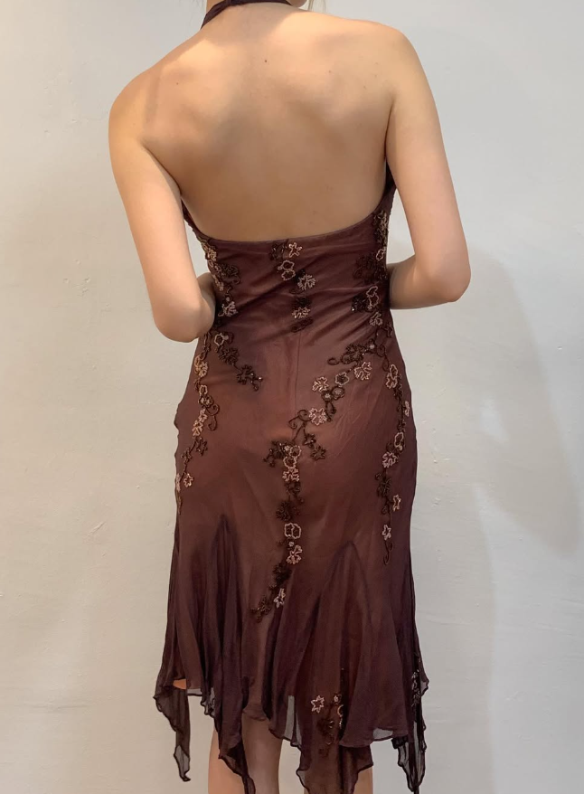 Vintage Sheath Halter Beaded Brown Chiffon Short Homecoming Dress Evening Dress SH2157