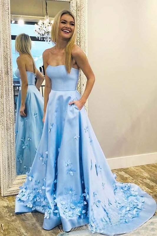 Strapless Blue Sweetheart Neck Sweep Train Satin Prom Dresses  SH853