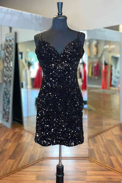 Cirss Cross Straps Black Sequined Homecoming Dress,Night Dress Party Short
