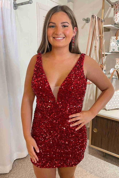 Sparkly V-Neck Backless Black Sequins Mini Homecoming Dress,Red Cocktail Dresses Wedding Guest