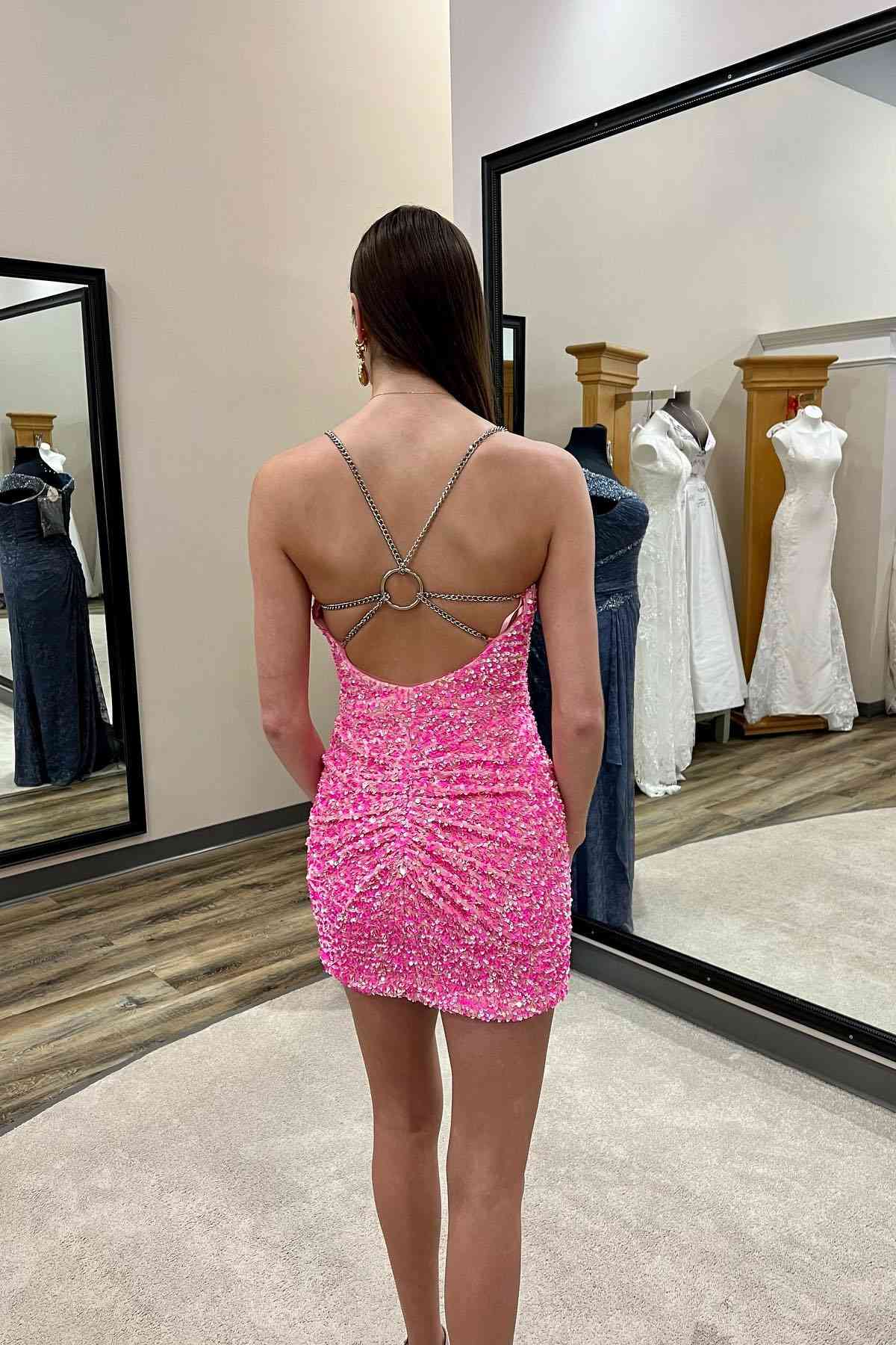 V Neck Chain Straps Green Sequins Mini Homecoming Dress Cocktail Dresses Short