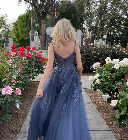 Blue Tulle Applique Long Evening Dress Formal Prom Dress SH902