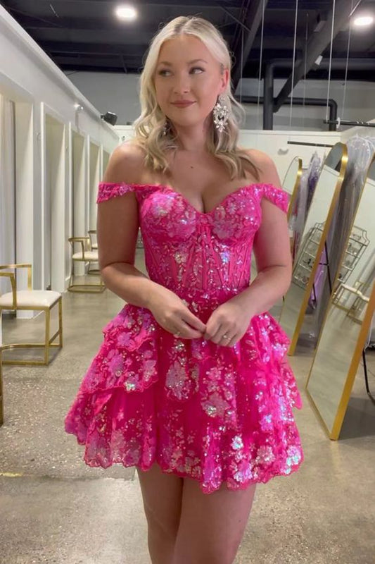 Fuchsia Off The Shoulder Lace Homecoming Dresses, Ruffle Party Gown, AST1040