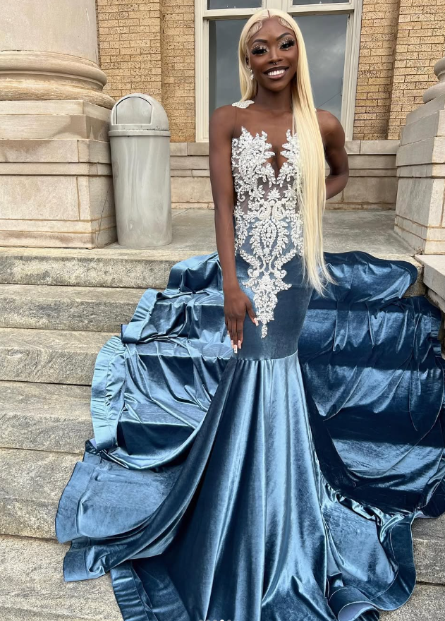 Blue Velvet Appliques Bead Meemaid Long Prom Dress Formal Evening Dress SH975