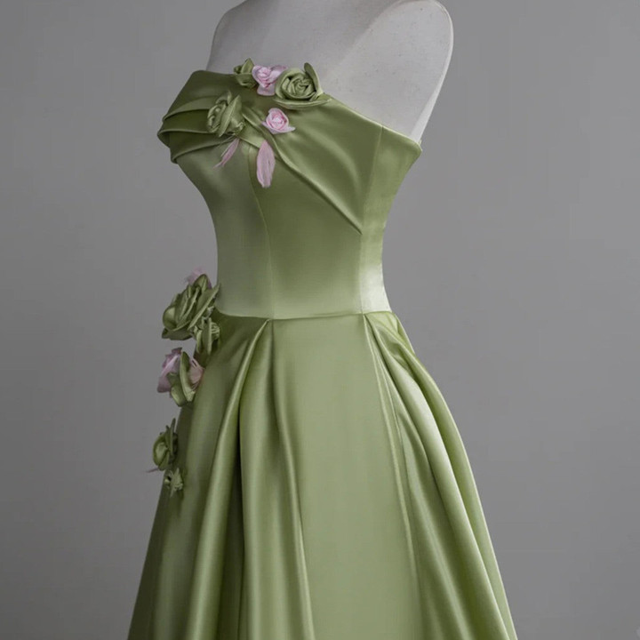 Elegant Green A-line Satin with Flowers Long Evening Dress, Party Dress,Prom Dress GG006