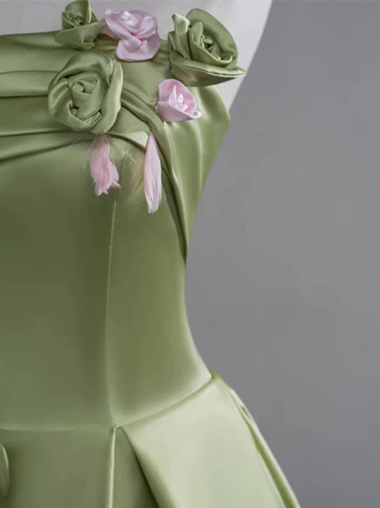 Elegant Green A-line Satin with Flowers Long Evening Dress, Party Dress,Prom Dress GG006