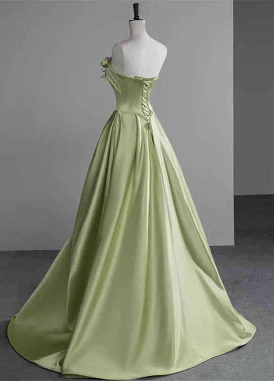 Elegant Green A-line Satin with Flowers Long Evening Dress, Party Dress,Prom Dress GG006
