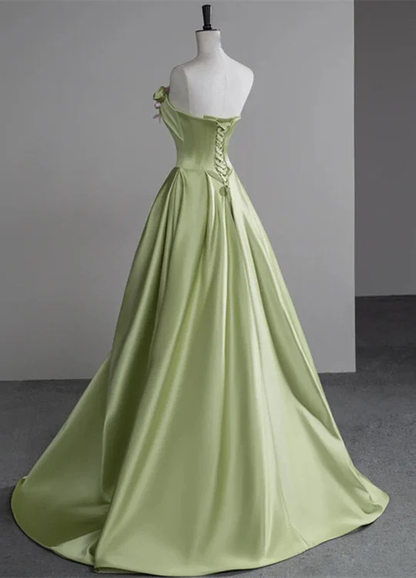 Elegant Green A-line Satin with Flowers Long Evening Dress, Party Dress,Prom Dress GG006