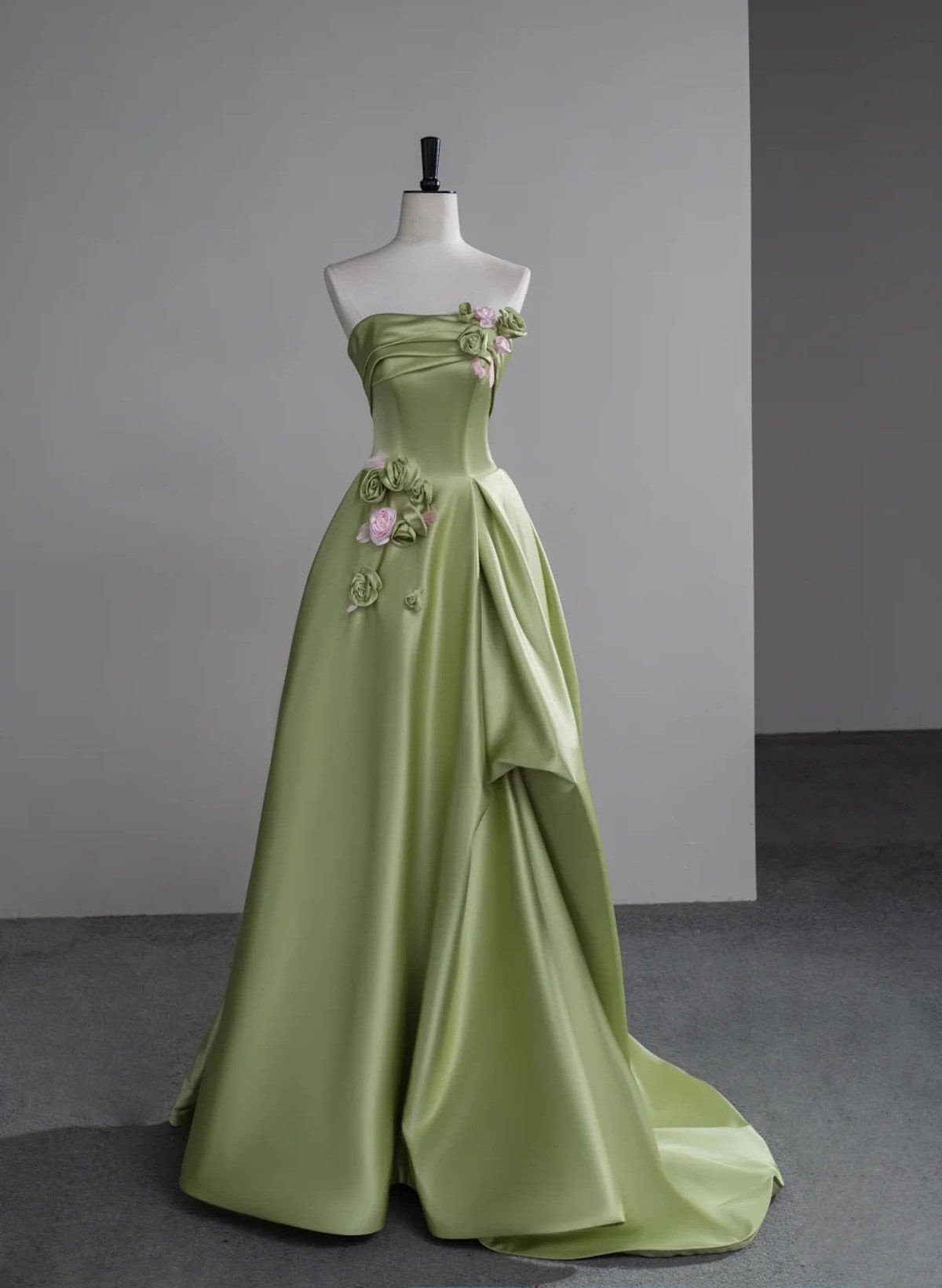 Elegant Green A-line Satin with Flowers Long Evening Dress, Party Dress,Prom Dress GG006