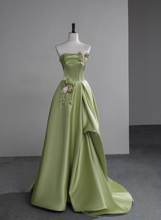 Elegant Green A-line Satin with Flowers Long Evening Dress, Party Dress,Prom Dress GG006