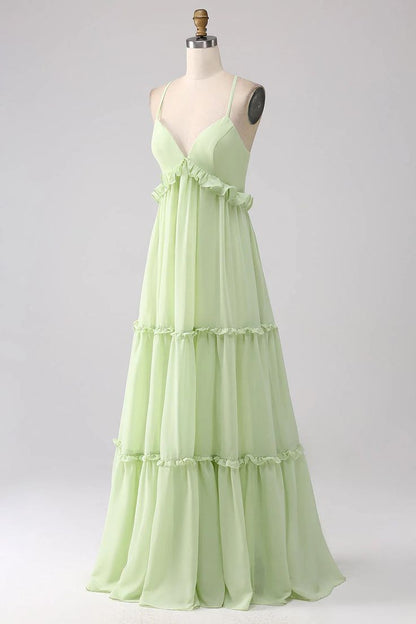 Sexy Ruffles A Line Dress V-neck With Lace-Up Back Prom Dresses GG007