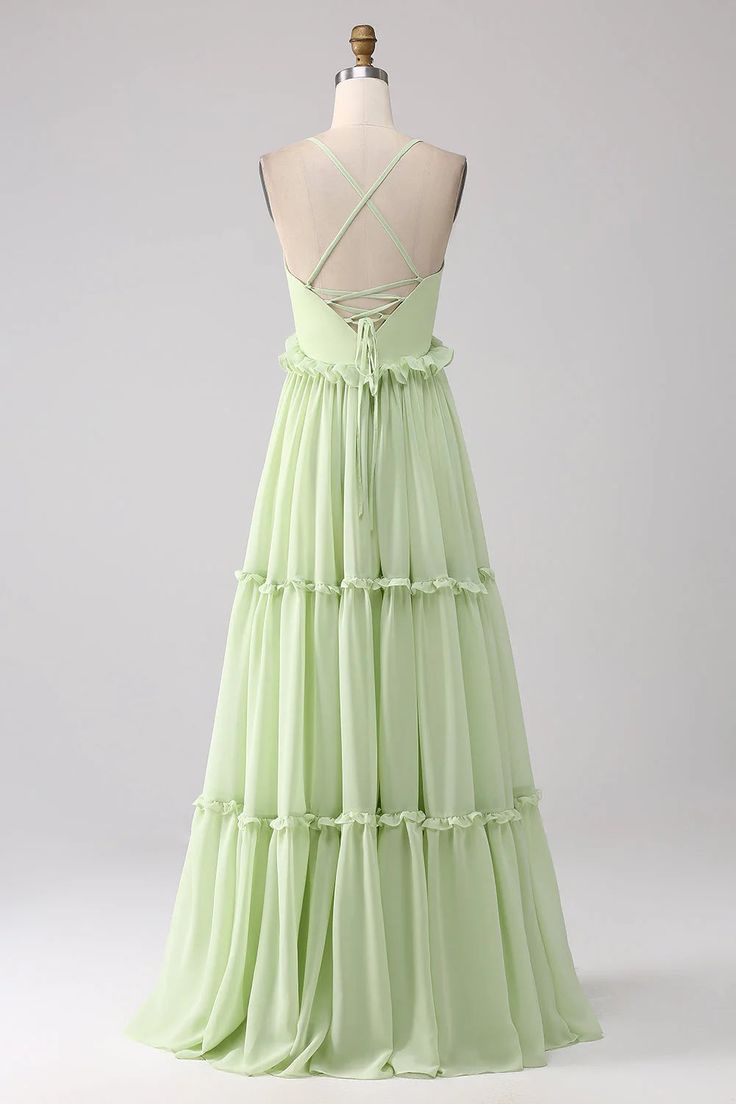 Sexy Ruffles A Line Dress V-neck With Lace-Up Back Prom Dresses GG007