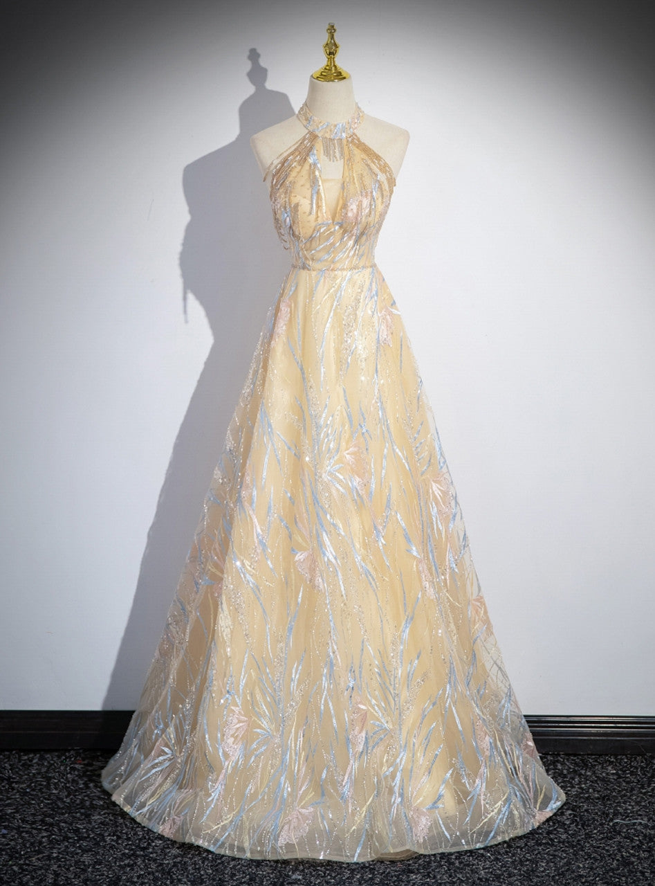 Delicate A line Champagne Tulle Halter Beading Prom Dress GG009