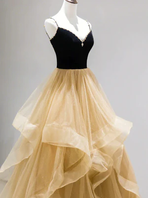 Shiny Champagne Tulle Long Prom Dresses with Black Top, Fluffy Long Champagne Formal Evening Dresses GG010