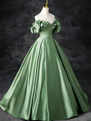 Elegant A Line Strapless Green Satin Long Prom Dresses  GG013