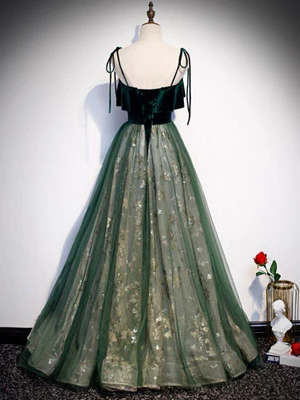 Delicate A Line Dark Green Spaghetti straps Velvet Lace Sequin Long Prom Dresses GG019