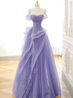 Elegant A Line Off Shoulder Crystals Purple Lace Long Prom Dresses, Formal Dresses, Purple Evening Dresses GG020