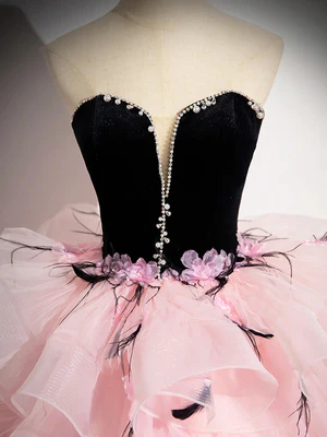 Gorgeous Beaded Pink Tulle Long Prom Dresses with Black Velvet top,Formal Evening Dresses, Ball Gown GG021
