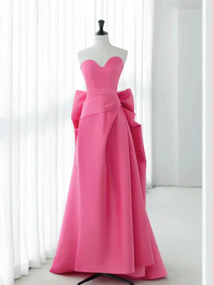 Elegant A Line Sweetheart Bow-knot Barbie Pink Long Satin Prom Dresses, Formal Evening Dresses GG027