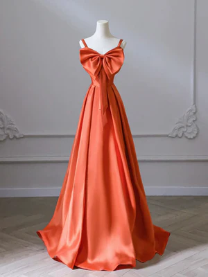 Delicate A Line Orange Long Satin Prom Dresses with Bow, Oranage Long Satin Formal Evening Dressess GG029