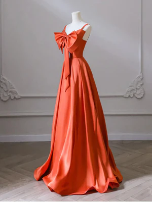 Delicate A Line Orange Long Satin Prom Dresses with Bow, Oranage Long Satin Formal Evening Dressess GG029