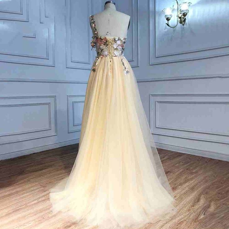 Delicate A Line One Shoulder Champagne Long Prom Dress with Embroidery Flowers Slit GG032