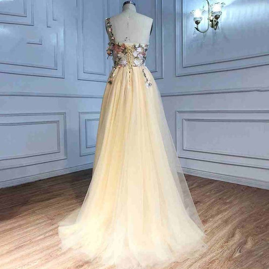 Delicate A Line One Shoulder Champagne Long Prom Dress with Embroidery Flowers Slit GG032