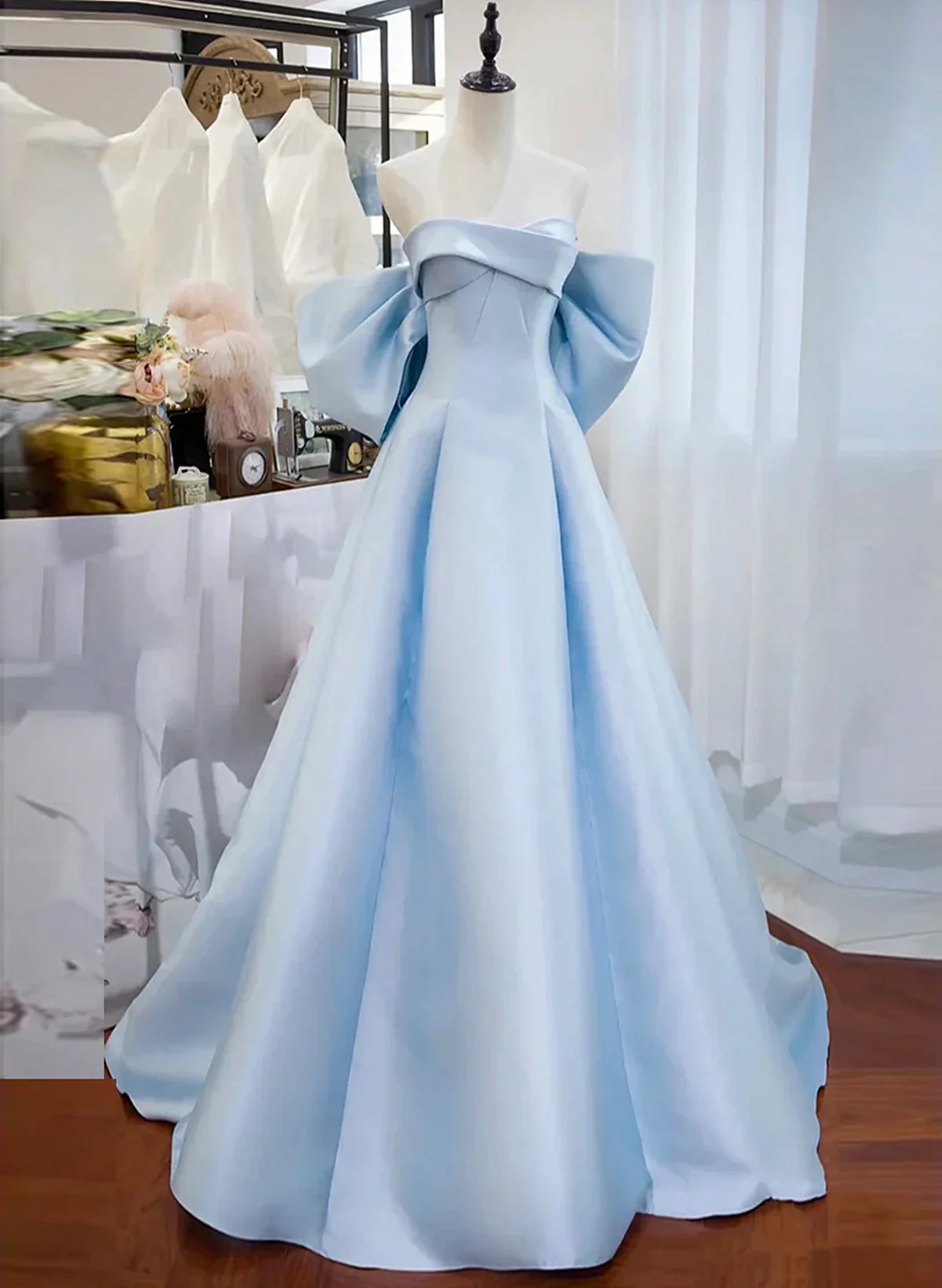 Elegant A Line Sweetheart Neck Off the Shoulder Light Blue Satin Long Prom Dresses, Long Formal Evening Dresses  GG036