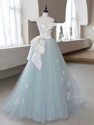 Elegant A Line Tulle Lace Flower Long Prom Dresses, Blue Flower Long Formal Evening Dresses GG038