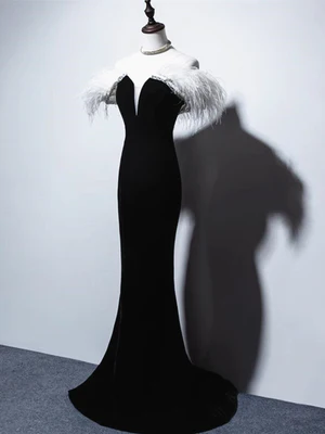 Elegant Black Velvet Mermaid Off the Shoulder Long Prom Dresses, Formal Evening Dress GG039