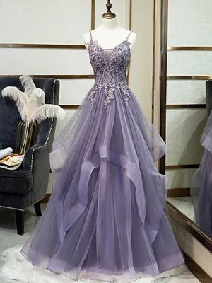 Elegant Purple A Line V Neck Lace Prom Dresses, Purple V Neck Lace Formal Evening Dresses GG040