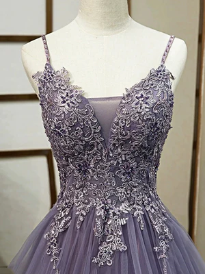 Elegant Purple A Line V Neck Lace Prom Dresses, Purple V Neck Lace Formal Evening Dresses GG040