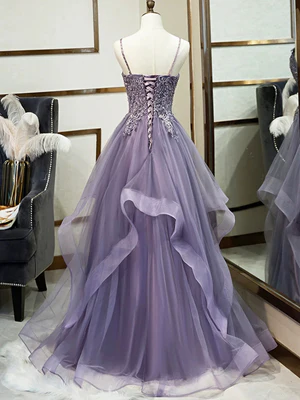 Elegant Purple A Line V Neck Lace Prom Dresses, Purple V Neck Lace Formal Evening Dresses GG040