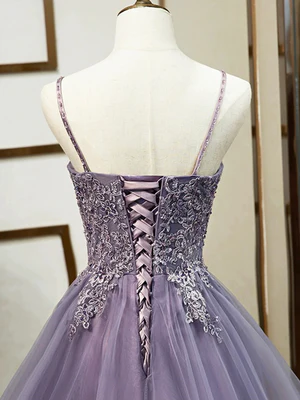 Elegant Purple A Line V Neck Lace Prom Dresses, Purple V Neck Lace Formal Evening Dresses GG040
