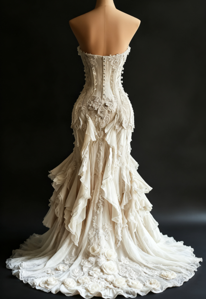 Vintage Mermaid Strapless Ivory Chiffon Tulle Long Prom Dress,Wedding Dress,Evening Dress GG1350