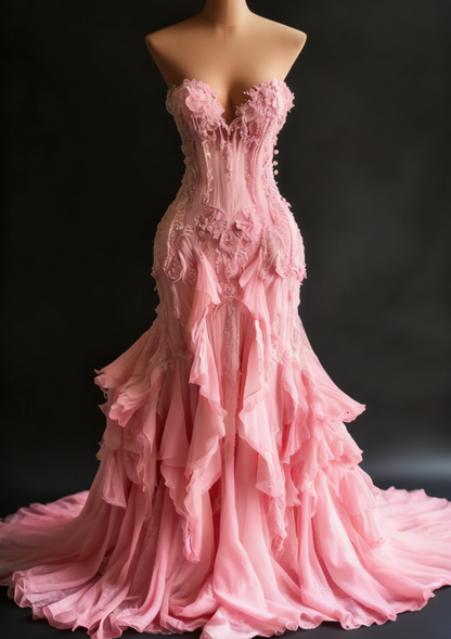 Vintage Mermaid Strapless Ivory Chiffon Tulle Long Prom Dress,Wedding Dress,Evening Dress GG1350