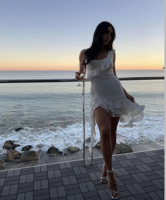 Chic A Line Spaghetti Straps White Chiffon Ruffle Hem Short Prom Dress,Homecoming Dress,Evening Dress GG1388