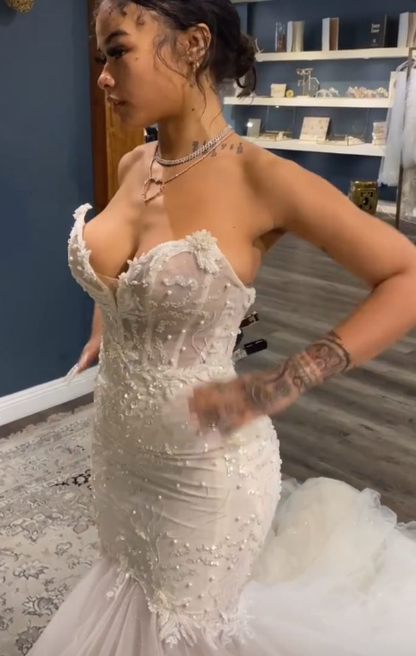 Beautiful Mermaid Sweetheart Light Ivory Tulle Beaded Applique Long Prom Dress,Wedding Dress,Evening Dress GG1393