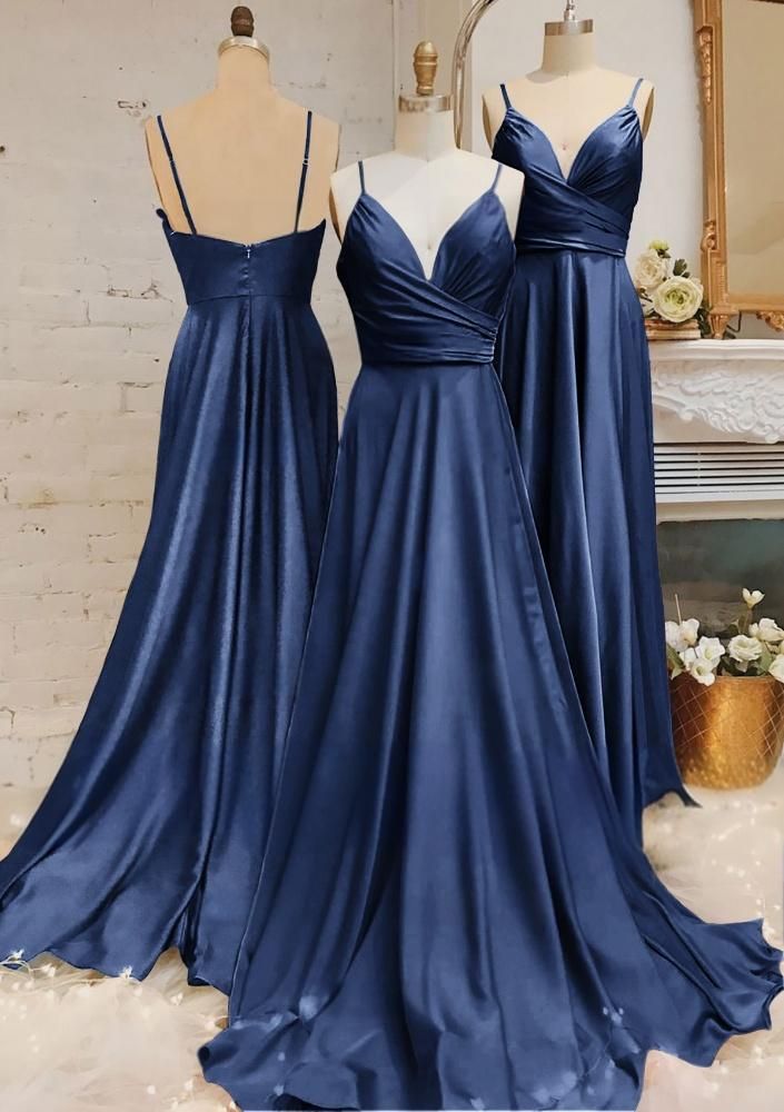 Simple A Line Spaghetti Straps V Neck Satin Long Prom Dress,Bridesmaid Dress,Evening Dress GG1716