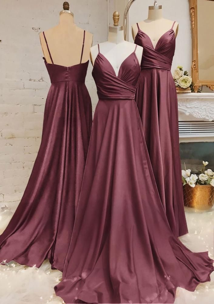Simple A Line Spaghetti Straps V Neck Satin Long Prom Dress,Bridesmaid Dress,Evening Dress GG1716