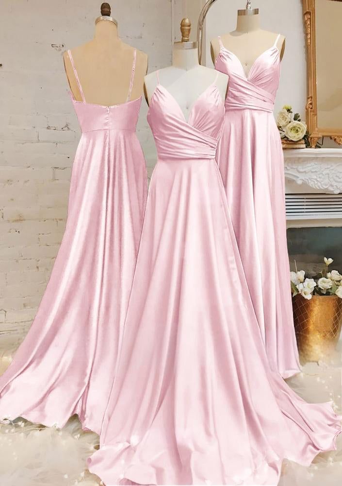 Simple A Line Spaghetti Straps V Neck Satin Long Prom Dress,Bridesmaid Dress,Evening Dress GG1716