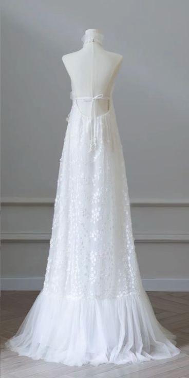 Delicate A Line Halter Sequins Backless Tulle Long Prom Dresses, Wedding Dresses,Evening Dresses GG187