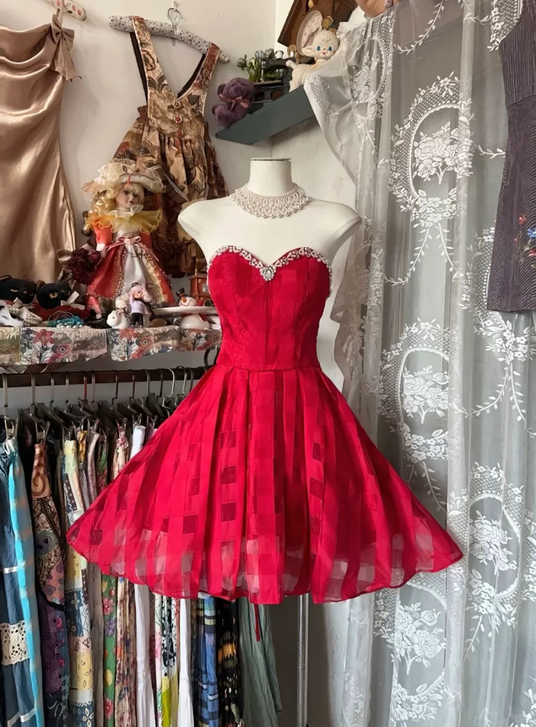 Chic A Line Sweetheart Red Satin Short Prom Dress,Homecoming Dress,Evening Dress GG1877