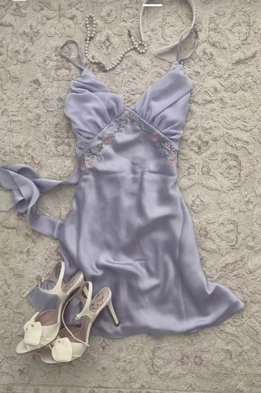 Charming A Line Spaghetti Straps Lilac Satin Applique Short Prom Dress,Homecoming Dress,Evening Dress GG1984