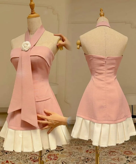 Pretty A Line Strapless Pink Satin With White Pleated Hem Short Prom Dress,Homecoming Dress,Evening Dress GG1996