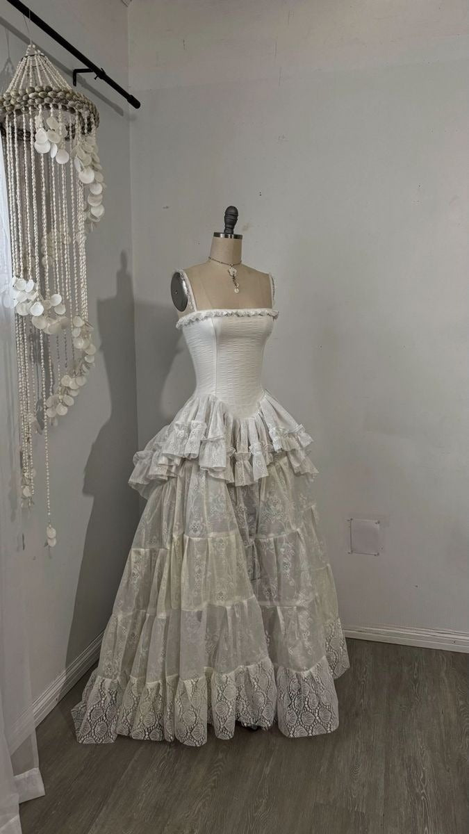 Chic A Line Spaghetti Straps White Lace Long Prom Dress,Wedding Dress,Evening Dress GG1999