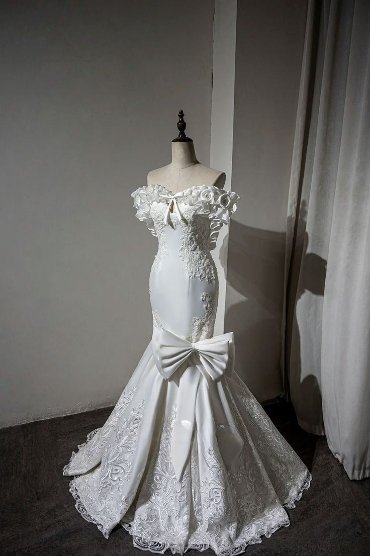 Pretty Mermaid Off The Shoulder White Satin Lace Long Prom Dress,Wedding Dress,Evening Dress GG2000